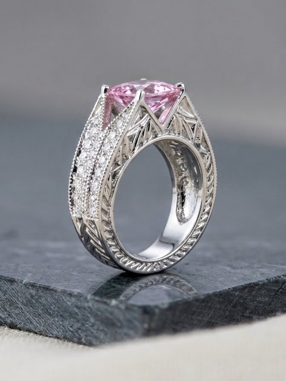 18k White Gold Overlay Pink Swarovski Crystal Princess Cut Cocktail Ring 7.32g